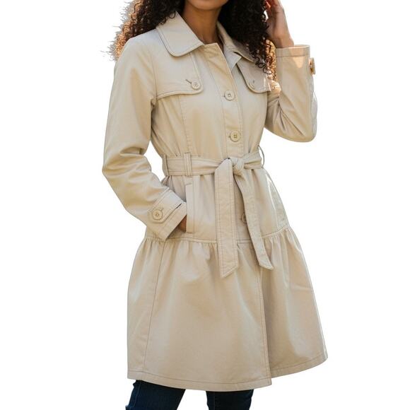 GAP Original Vintage Trench Coat JR Large Cream Ruffle Hem Belted Timeless Style - Picture 1 of 16